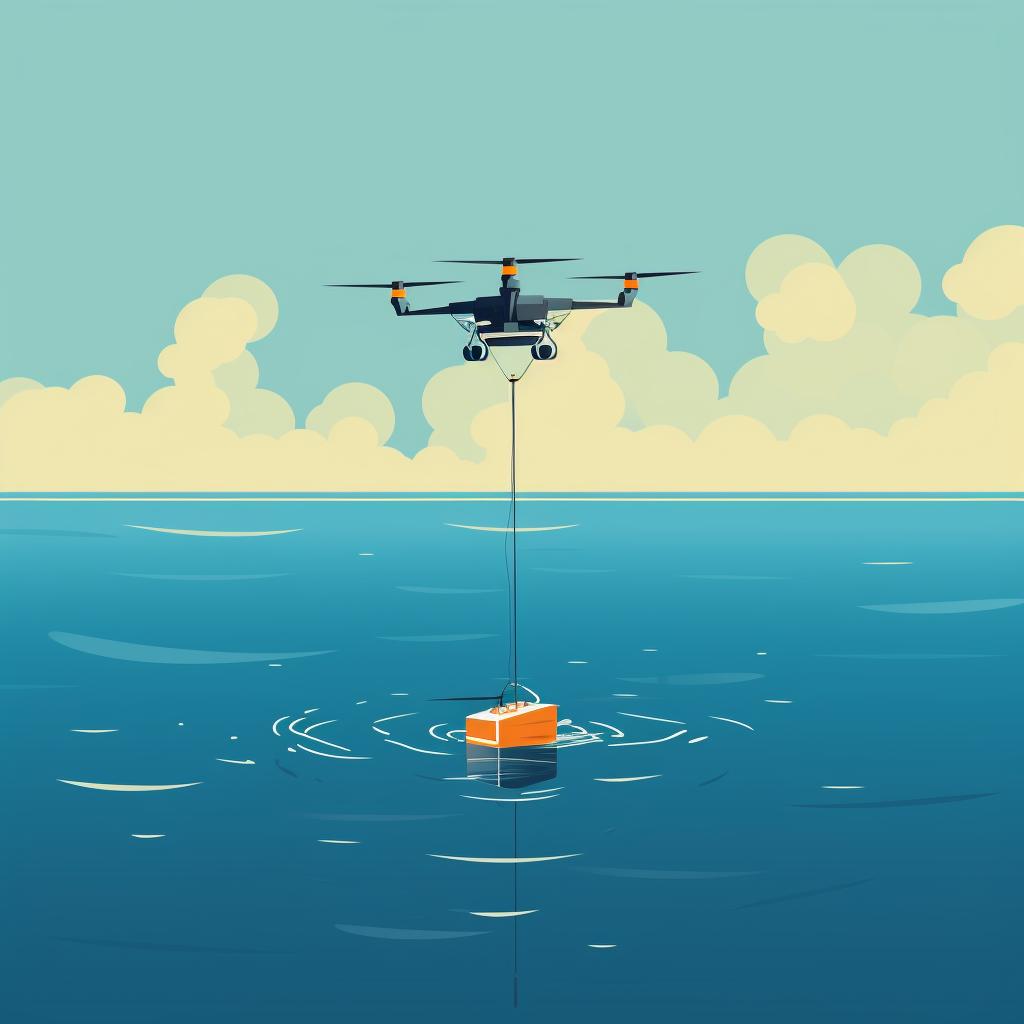 A waterproof drone casting a fishing line over a body of water