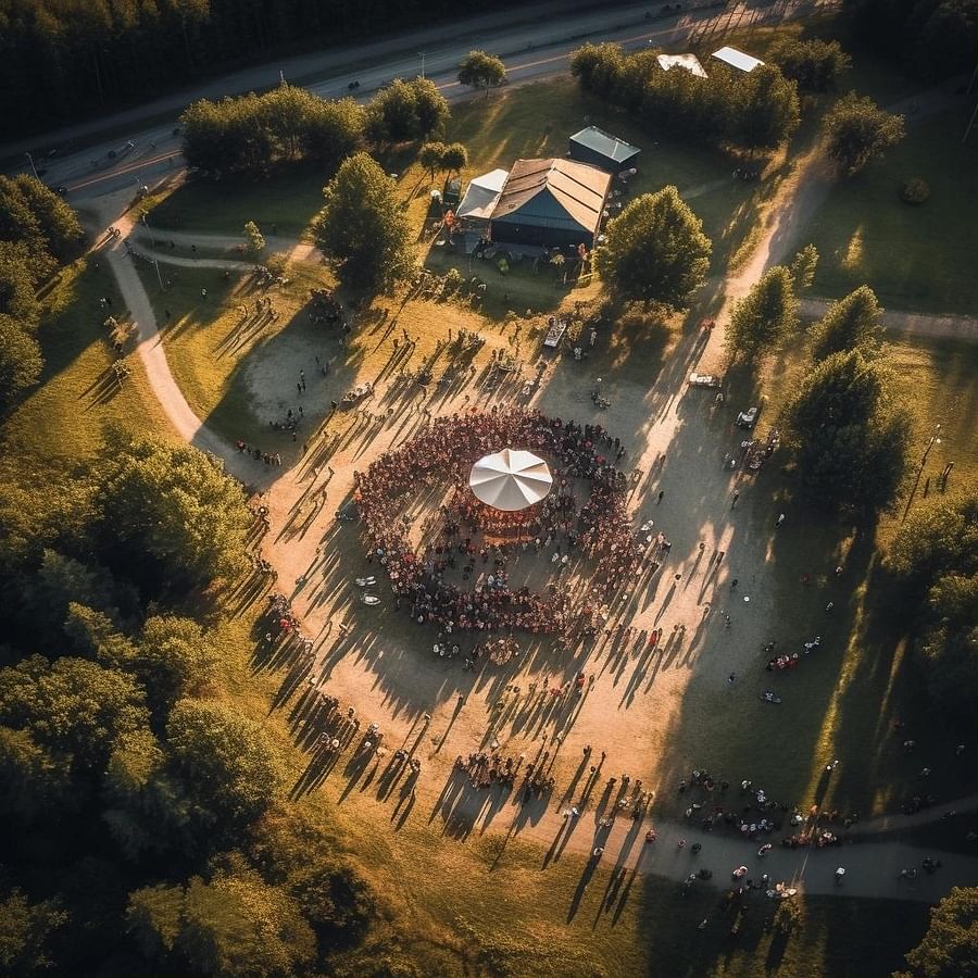Aerial view of an outdoor event captured by a drone
