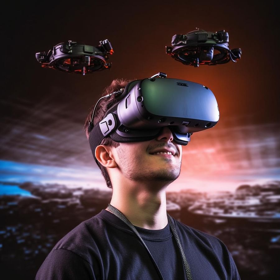 A drone pilot enjoying the immersive drone flying experience with a VR headset