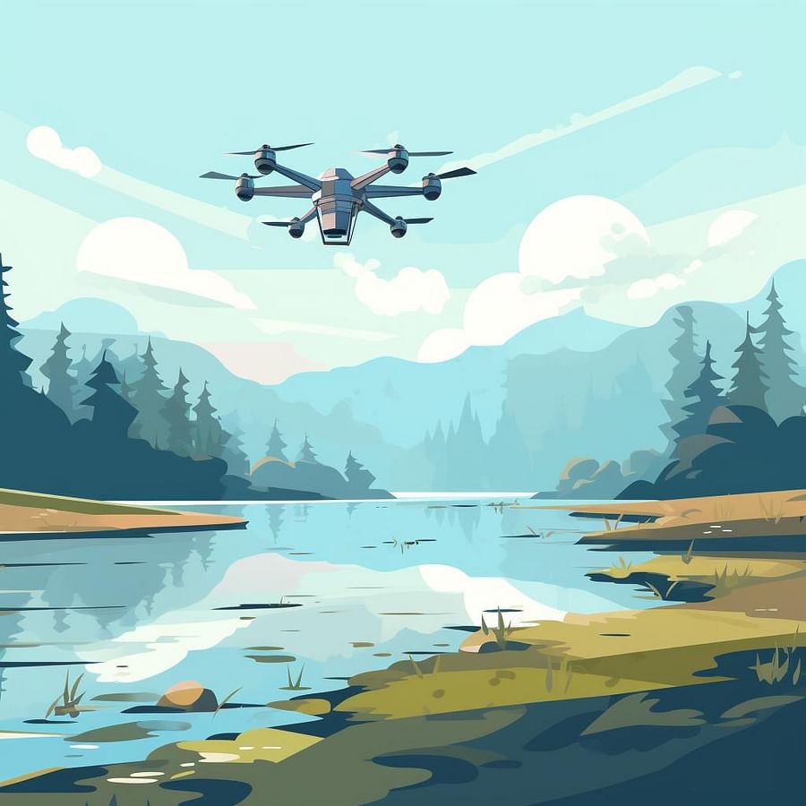 A waterproof drone taking off from a clear open space near a body of water