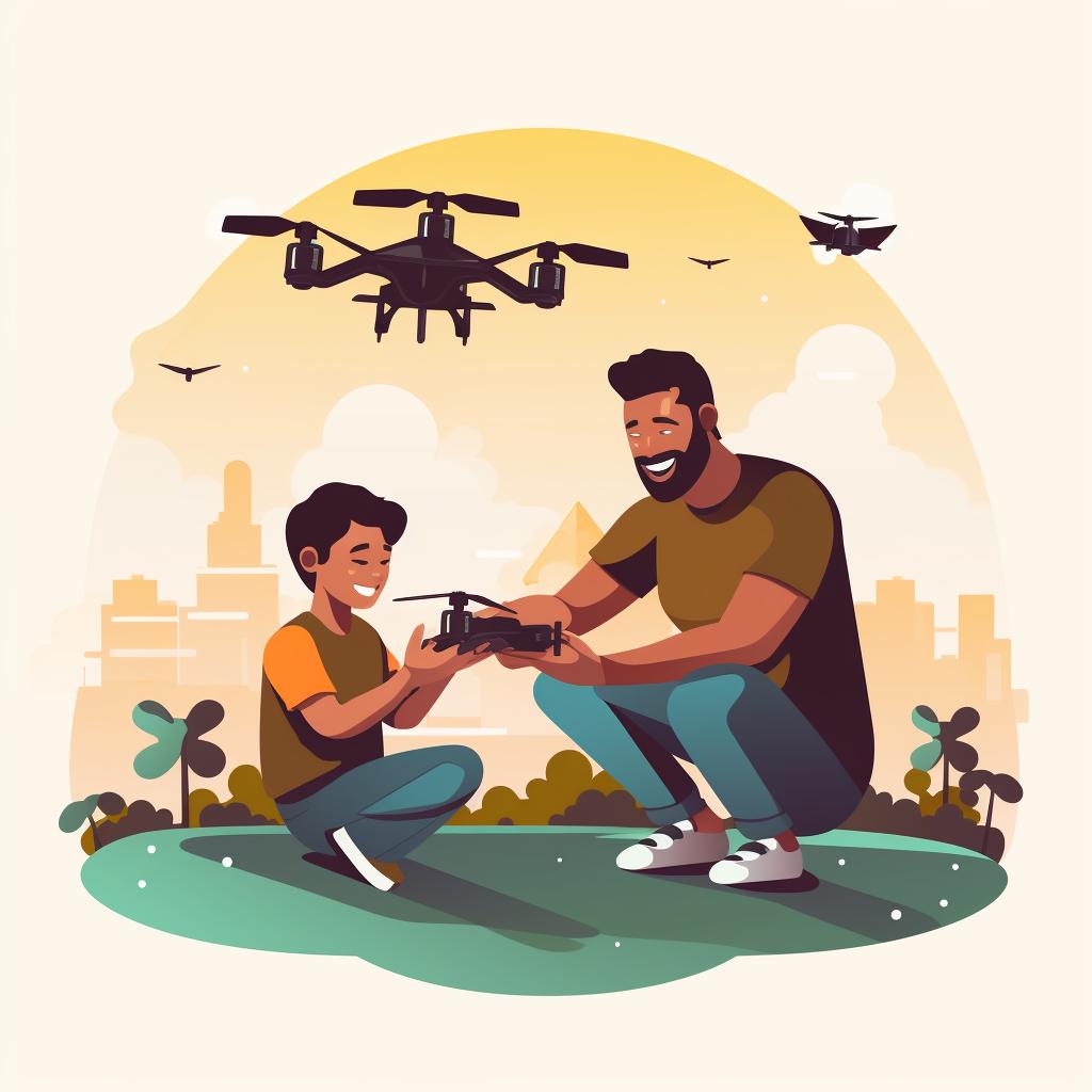 Parent guiding child on how to use the drone controller