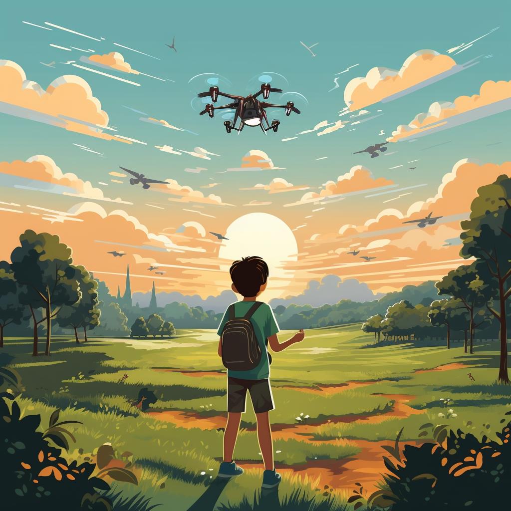Child operating a drone in a wide open park