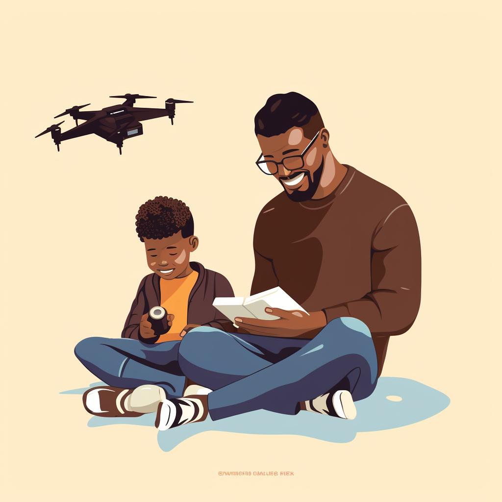 Parent and child reading a drone user manual together