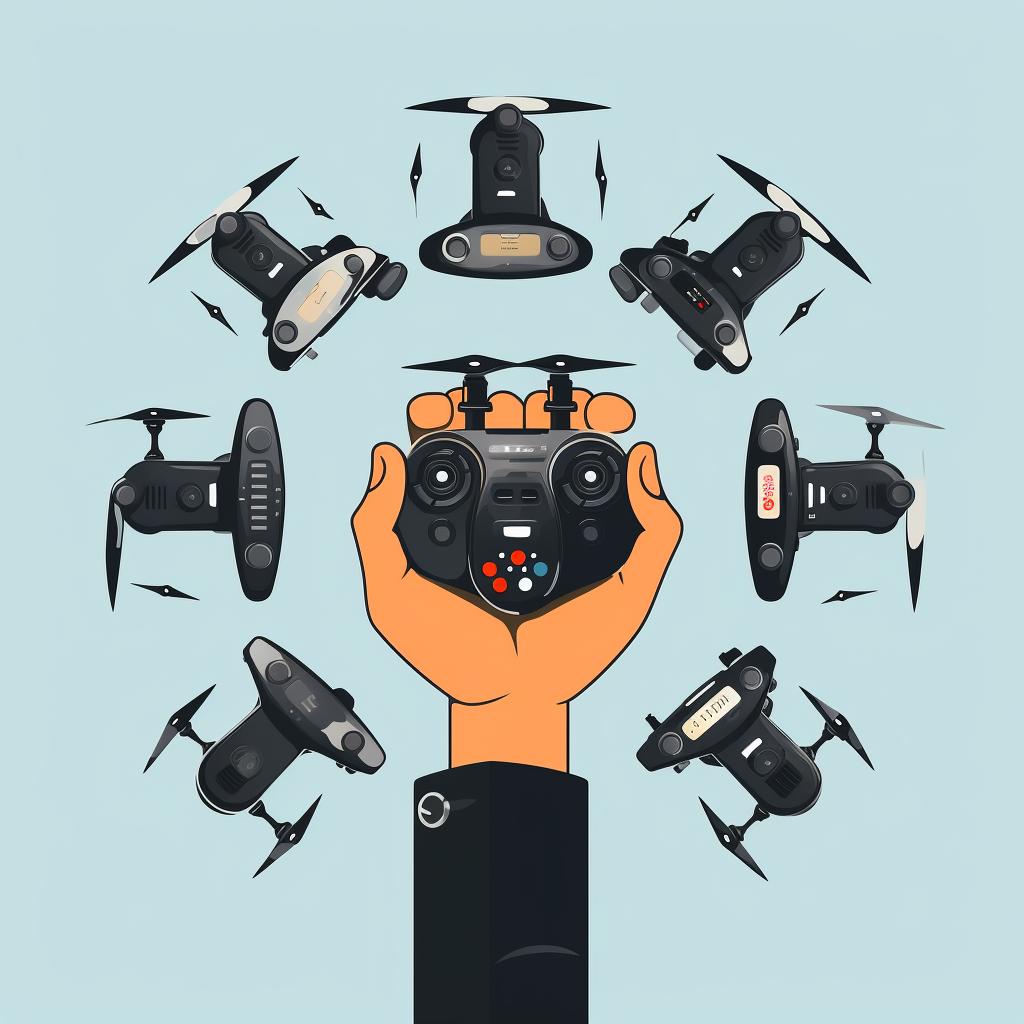 Hands holding a drone controller with labels on each stick