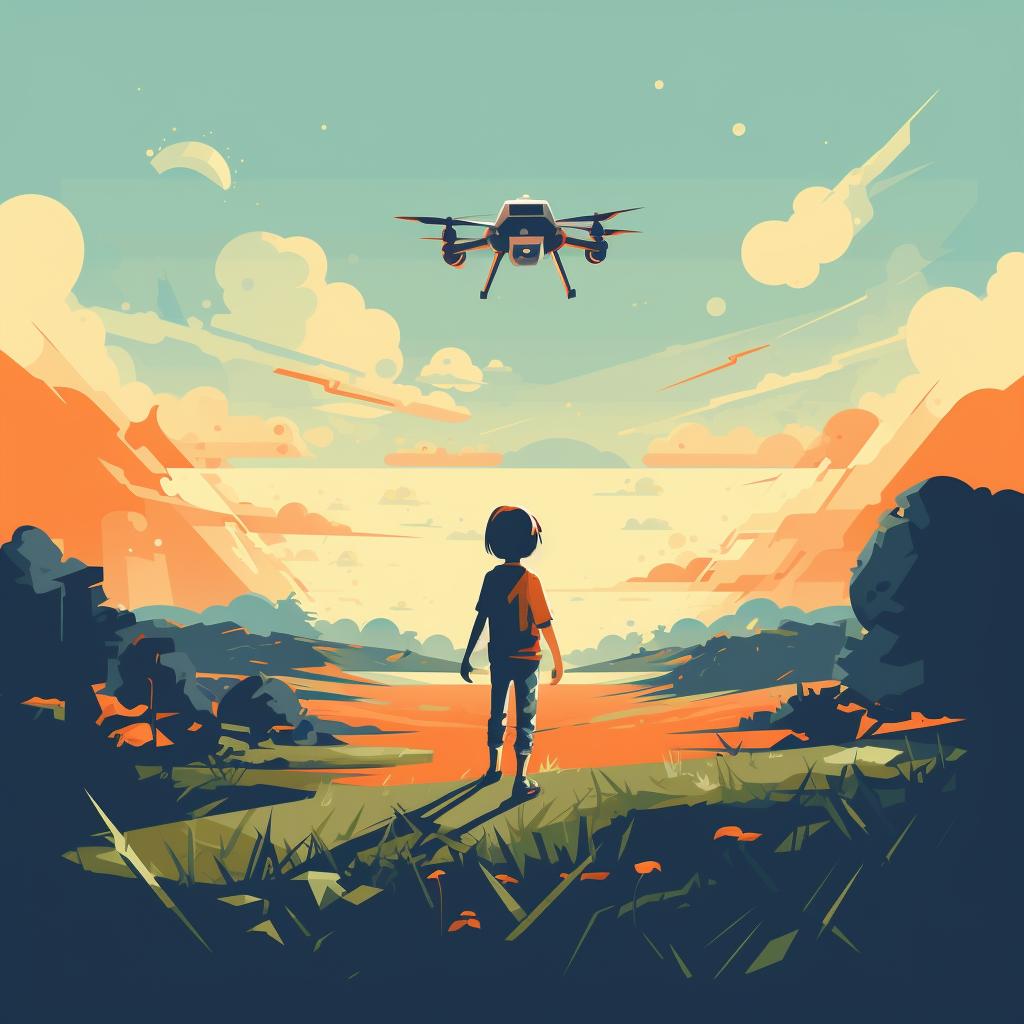A child preparing to launch a drone in an open field