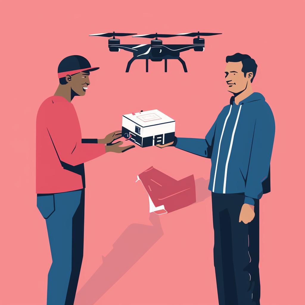 A person receiving a rented drone from a delivery person