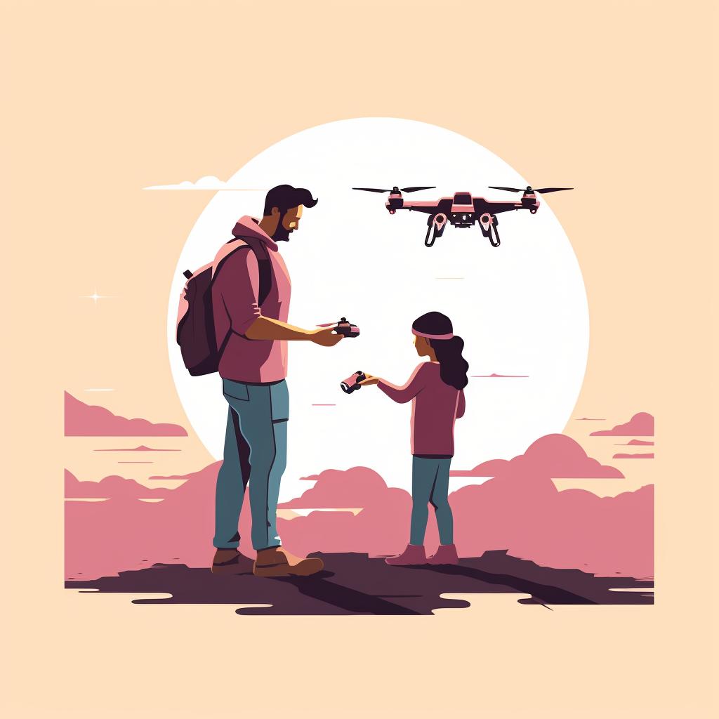 Parent watching and guiding child while operating a drone