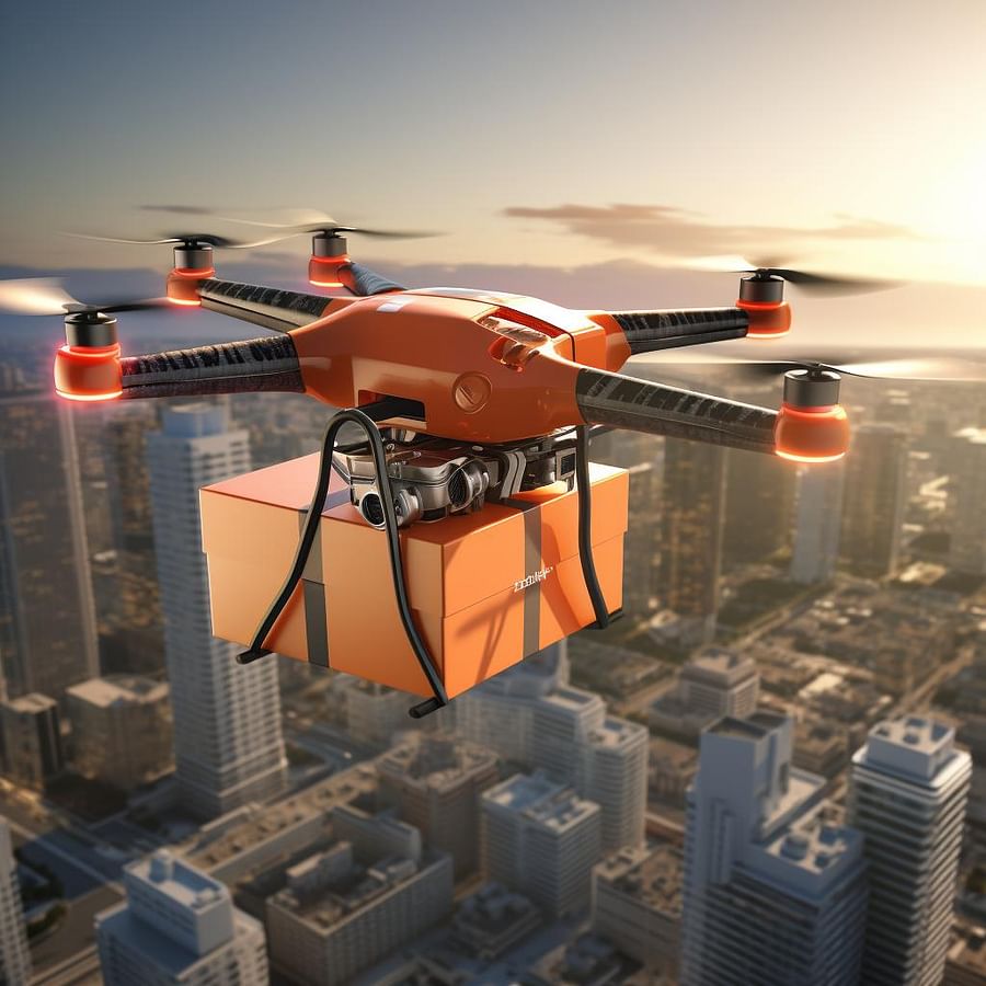 Delivery drone flying over city skyline