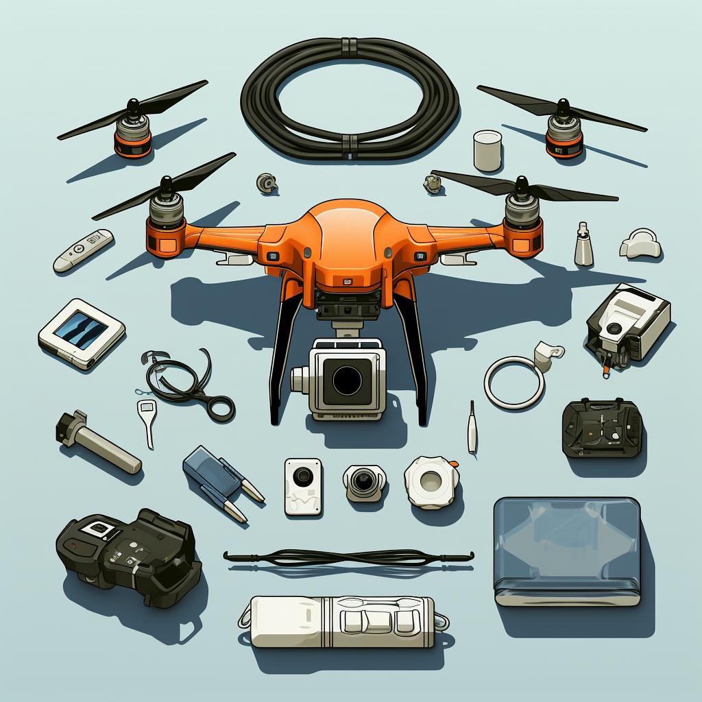 An unboxed waterproof drone with its accessories spread out