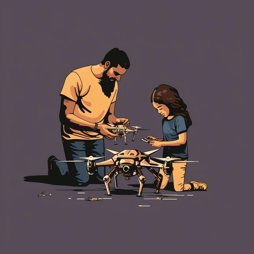 Parent and child looking at the different parts of a drone