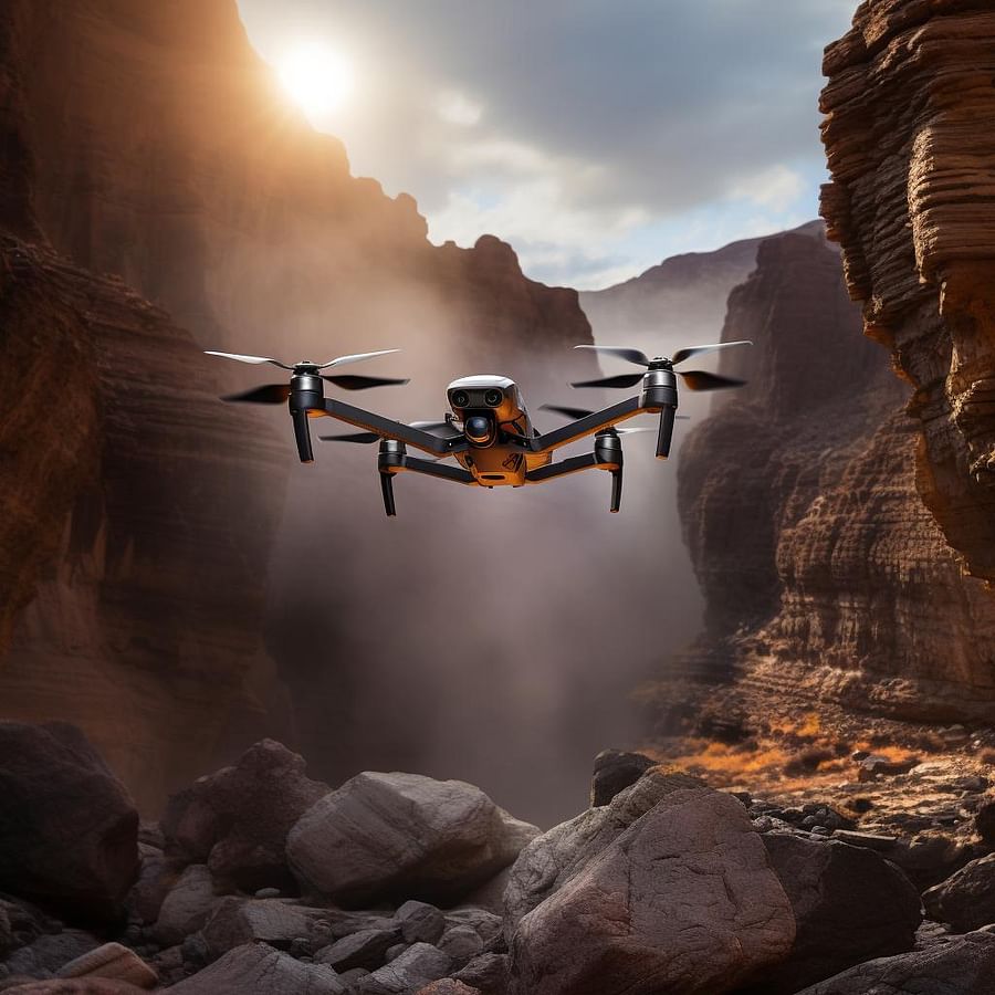 DJI Air 2S with a propeller guard flying confidently through a rocky canyon