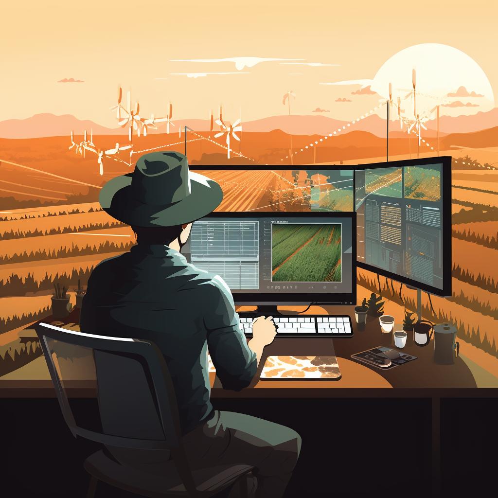 A farmer analyzing drone data on a computer screen.