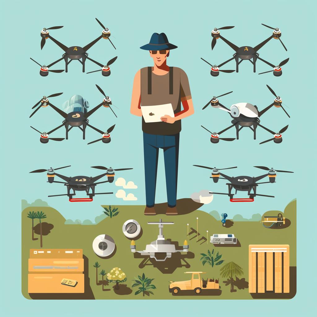 A farmer comparing different models of agricultural drones.