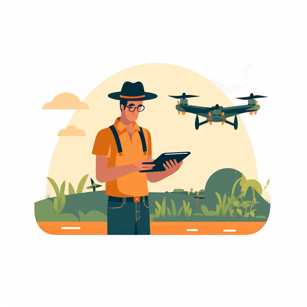 A farmer reading the drone's user manual and practicing its controls.