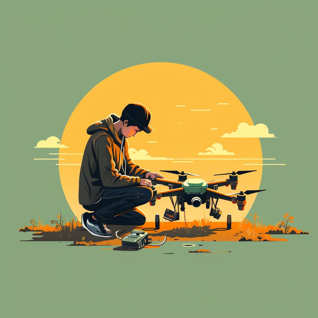 Person checking drone battery and lens